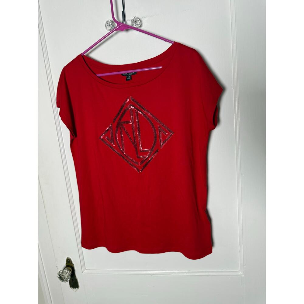 Lauren Ralph Sequined Art Deco Cotton Blend T-Shirt Lipstick Red Women's Large - Picture 2 of 9